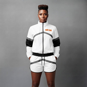 Ensemble veste et short zippés OEM pour femme, logo imprimé DTF personnalisé, ensemble deux pièces écologique 100% nylon coupe-vent pour femme - Product Image 4