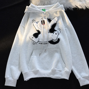 Sweat-shirt à capuche épais et ample avec poche kangourou, motif chat de dessin animé brodé et patchwork, style streetwear polyvalent - Product Image 2