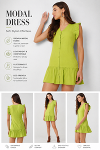 Sustainable Bohemian Mini Modal Cotton <b>Dress</b> Breathable Soft <b>Ruffle</b> Hem V-Neck Button-Up Summer <b>Dress</b> - Product Image 5