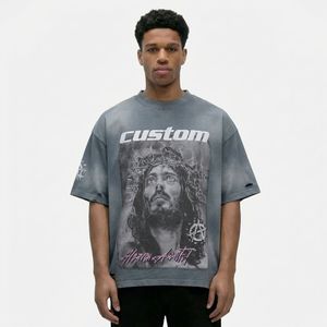 Custom Oversized T-<b>Shirt</b> Men Street Style O-Neck Short Sleeve Photo Print Pattern Gray Jersey Cotton - Product Image 1