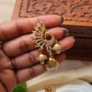 Peacock 3-Layer Gold Plated Pearl Jhumka Earrings for Wedding and Party - Product Image 2
