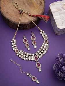 Vintage Gold Plated Necklace Earrings Set With Pink Crystal Rhinestones For Women Wedding Party Fashion Jewelry - Product Image 2
