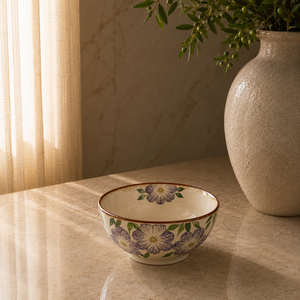 Vintage Ceramic Dessert Bowl with Lavender Floral Artwork Glossy Glaze Finish and Elegant Everyday Dining Appeal - Product Image 1