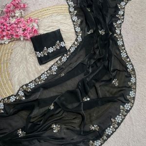 Nuevo Saree de Seda Satinada de Diseño Bollywood de Moda, Largo hasta el Suelo, de Secado Rápido, con Lentejuelas y Blusa Bordada con C Pallu - Product Image 2