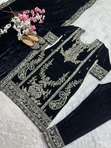 Black Velvet Embroidered Straight Cut <b>Kurti</b> With Pant And Dupatta <b>Women</b> Indian Pakistani Party Wear Set - Product Image 3