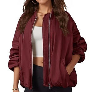 Plain Maroon Color Zip Up Women Bomber <b>Jacket</b> Loose Plus Size <b>Crop</b> Tops Zipper Closure Outerwear Breathable <b>Ladies</b> Bomber <b>Jacket</b> - Product Image 1