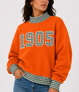 Sweat-shirt à col roulé grande taille pour femme 1905, imprimé personnalisé, patchwork à carreaux et pois, épaules tombantes, pull décontracté en tissu éponge, OEM - Product Image 4