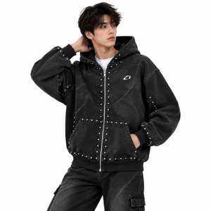Luxury Wholesale Trendy <b>Black</b> Studded Hooded <b>Fleece</b> Jacket Set for <b>Men</b> Custom Streetwear Cargo Co-Ord Rhinestone Pocket Hoodies - Product Image 1