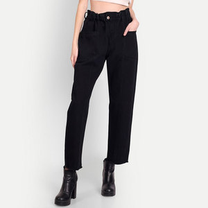 High Waist Black Canvas Harem Pants Women's Casual Loose Fit <b>Ankle</b>-Length With Frayed Edges Button Fly Solid Color Woven Cotton - Product Image 3