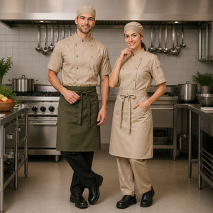 Ensemble d'uniformes de chef de cuisine : veste, pantalon, tablier, chapeau – en polyester et coton, respirant, anti-boulochage - Product Image 1