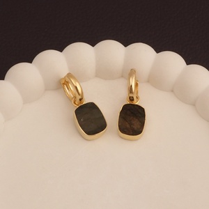Rough Labradorite Drop Hoop Birthstone Earrings Handmade Gold Plated <b>Textured</b> Gemstone Dangle Hoops Earrings Women's - Product Image 4