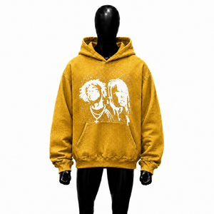 Sudadera con capucha extragrande dorada con estampado gráfico, estilo vintage lavado, de streetwear, con estampado de retrato llamativo, de felpa de algodón de alto gramaje, en oferta - Product Image 1