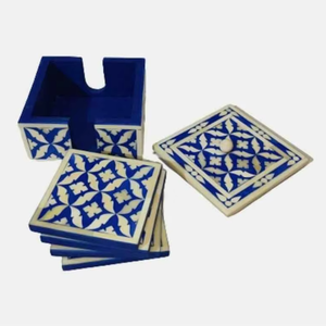 Juego de Posavasos Cuadrados Clásicos Ecológicos con Incrustaciones de Hueso de Nogal, Decorativos con Rayas Geométricas Azules y Blancas, al Mejor Precio - Product Image 1