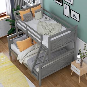 Cama litera doble sobre matrimonial gris con escalera y barandilla de seguridad, muebles para dormitorio infantil - Product Image 4