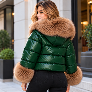 Manteau d'hiver matelassé en cuir véritable pour femme avec col et poignets en fourrure de renard, vêtement d'extérieur élégant et luxueux - Product Image 3