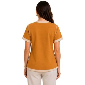 T-shirt décontracté pour femme col en V manches courtes beige moutarde orange broderie florale bordure contrastante détails boutonnés vente en gros - Product Image 2