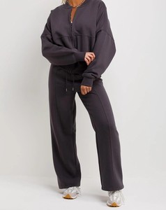 Conjunto de Dos Piezas de Forro Polar para Mujer, Cuello Redondo, Cremallera, Manga Larga, Pantalones Largos, Color Sólido, Corte Holgado Informal, para Todas las Temporadas - Product Image 1