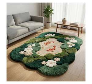 Alfombra de Lana Hecha a Mano con Diseño 3D de Musgo y Lirios, Inspirada en la Naturaleza, para Área de Estanque Koi, Forma Irregular Personalizada - Product Image 2