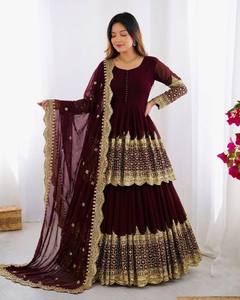 Burgundy Embroidered Lehenga Dress <b>Sequin</b> Work <b>Top</b> Net Dupatta Elegant Formal <b>Party</b> Wear for Women - Product Image 4