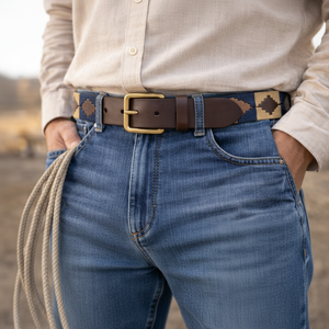 Men Woven Fabric Leather <b>Belt</b> Geometric Pattern <b>Cowboy</b> <b>Belt</b> Brass <b>Buckle</b> OEM Wholesale Manufacturer - Product Image 6