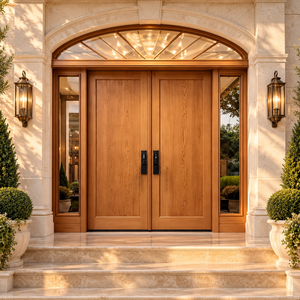Puerta Doble de Madera Sólida con Panel de Vidrio Arqueado y Luces Laterales, Puerta Exterior Abatible Minimalista con Acabado para Villa - Product Image 5
