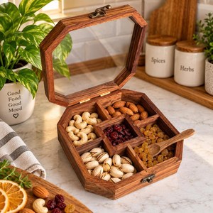 Hexagon Solid Wood Storage <b>Box</b> With Acrylic Lid Divided Compartments For Nuts Dried Fruits Tabletop Display Handmade - Product Image 1