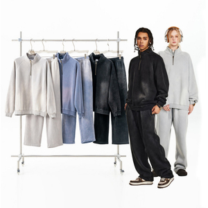 Ensemble de survêtement 2 pièces moderne pour homme : sweat à capuche zippé et pantalon de jogging en coton, coupe ajustée, patchwork contrastant - Product Image 2