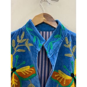 Hand Embroidered Velvet Knitted Cotton <b>Jacket</b> <b>Women</b> Mandarin Collar Full Sleeve Floral Pattern Open Front Prairie Winter/<b>Spring</b> - Product Image 3