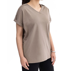 Camiseta de Cuello en V para Mujer, la Más Popular, Mezcla de Algodón Suave, Corte Ajustado, Manga Corta, Estilo Básico Informal, Fabricante Mayorista OEM ODM - Product Image 5