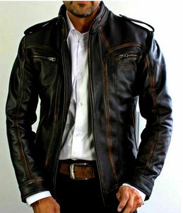 <b>Men's</b> Genuine Leather Motorcycle <b>Jacket</b> Stand Collar Zipper Closure Slim Fit Black Moto Biker Style Autumn Wear - Product Image 1