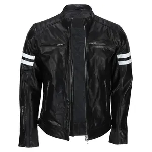 Hot Sale Wholesale Custom Quilted Men's Jacket Leather Black with White Arm Stripes Zippered Streetwear Real Leather Bomber Coat