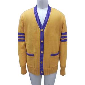Cardigan tricoté jaune à col en V pour homme avec bordure violette, manches longues, design uniforme, idéal pour l'automne et l'école - Product Image 1