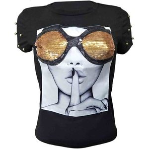Women's Short Sleeve <b>T</b>-<b>Shirt</b> <b>Sequined</b> Tops O-Neck Funny Graphic Tees Blouse - Product Image 1