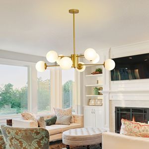 Moderno lampadario in oro a 8 luci a sfera in vetro bianco elegante lampada a soffitto di Design ramificato della metà del secolo per sala da pranzo - Product Image 1