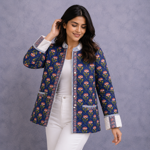 Chaqueta de Algodón Acolchada con Estampado Floral para Mujer, Ligera, con Estampado de Bloques, Frente Abierto, Estilo Casual Boho, Fabricante Mayorista OEM ODM - Product Image 3