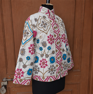 Hand embroidered cotton jacket pink diamond <b>trellis</b> snowflake floral medallion standing collar boho suzani wholesale exports B2B - Product Image 2
