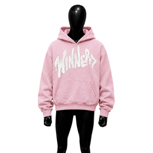 Sudadera con Capucha Oversize Rosa con Bordado Gráfico Blanco, Estilo Urbano Casual Unisex, Felpa Gruesa, Bolsillo Canguro - Product Image 1