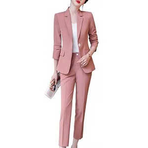 Ensemble tailleur rose pour femme, manches trois-quarts, col cranté, tenue de bureau formelle, couleur unie, mélange polyester-coton, infroissable - Product Image 1