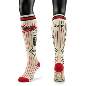 Women Baseball <b>Socks</b> Premium GSM Cotton Polyester Blend Breathable Knit Red White Stripe Design Custom Logo Jacquard Comfort Fit - Product Image 1