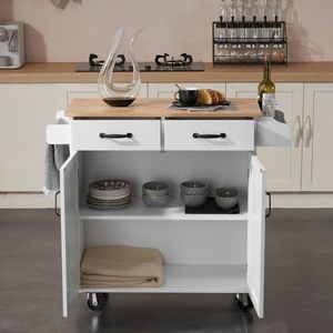 Carrello da Cucina con Due Ante e Un Cassetto in MDF e Legno di Gomma, 99,5*40*85,5cm, Verniciatura Bianca a Spruzzo - Product Image 1