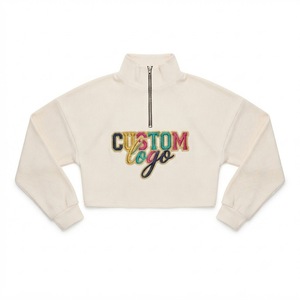 Sweat-shirts courts tendance pour femmes à col zippé, avec logo brodé coloré personnalisé, sweats à capuche à col montant, pulls à épaules tombantes, fabrication OEM - Product Image 2