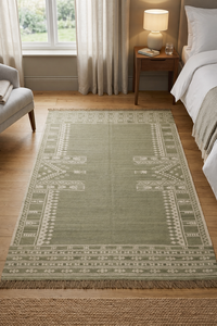 Modern Green Kilim Dhurrie Rug Handmade Minimalist Flatweave Area Carpet - Product Image 3