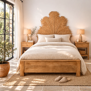 Natural light wood <b>platform</b> <b>bed</b> with a distinctive fan-shaped carved feather headboard silhouette, available at wholesale prices - Product Image 1