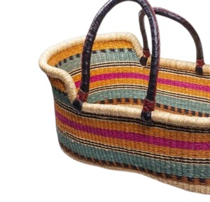 Traditional multicolored striped weave dark handle seagrass <b>changing</b> <b>basket</b> working as versatile rattan <b>changing</b> kid <b>basket</b> - Product Image 3