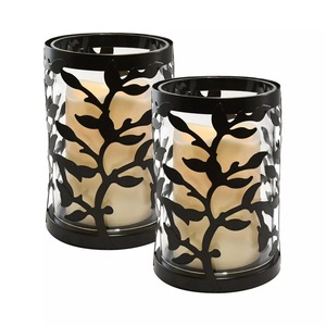Ensemble de porte-bougies en fer noir avec motif de feuilles découpées, forme cylindrique, pour la décoration de la maison, résistant à la chaleur - Product Image 1