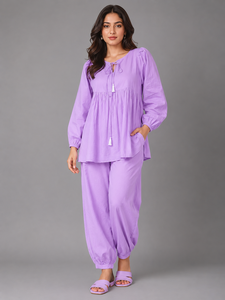 Conjunto Casual de Dos Piezas para Mujer, Color Lavanda Sólido, 100% Algodón Premium, Cuello Mao, Manga Larga, Corte Regular, Verano - Product Image 5