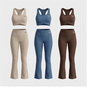 2 Piece Yoga Set High Waist <b>Flared</b> Leg Racerback Sports Bra Full Length <b>Leggings</b> Solid Color Breathable Women's Activewear - Product Image 6