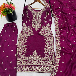 Pure GMY Silk Embroidered <b>Kurti</b> with Heavy Sequence Work Full Sleeves Matching Fully Stitched Plazzo and Lace Border Dupatta Set - Product Image 1