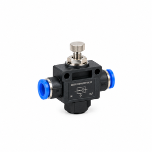 Vanne d'échappement rapide, corps noir, ports bleus, bouton en laiton, composant pneumatique industriel, usinage CNC pour perçage et brochage - Product Image 3
