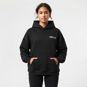 Sweat-shirt à capuche noir surdimensionné pour femme en molleton de coton avec poches kangourou, épaules tombantes, respirant, pour un usage décontracté - Product Image 2